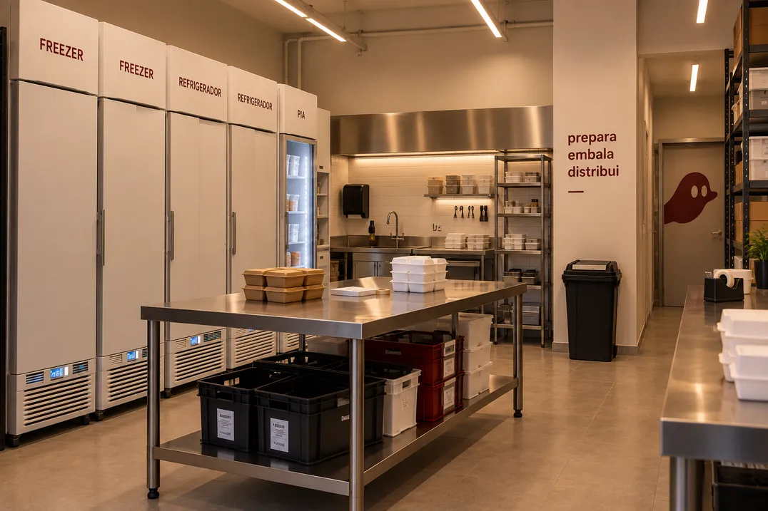Área de estoque com freezers, refrigeradores e bancada de separação
